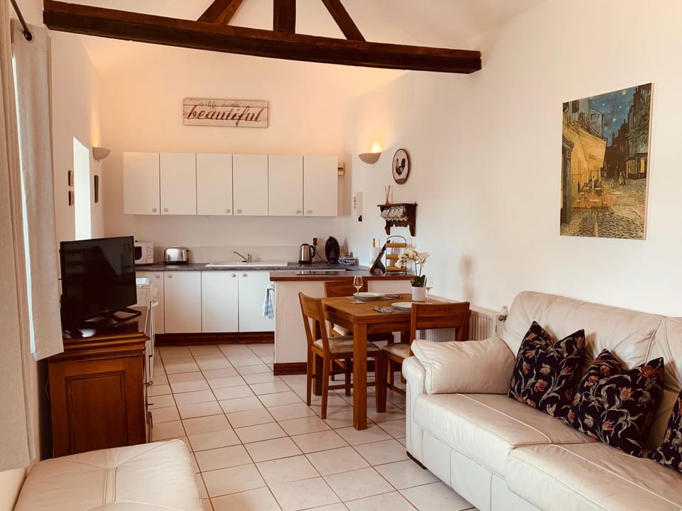 Kitchen or kitchenette, Living room, Seating area, Dining area