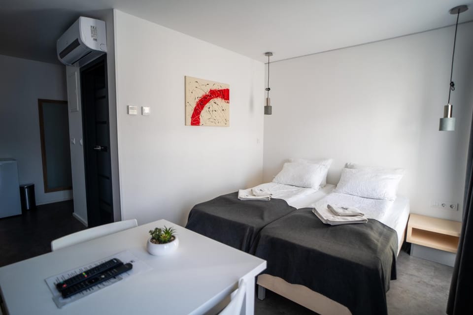Bed, Bathroom, Photo of the whole room, towels, air conditioner