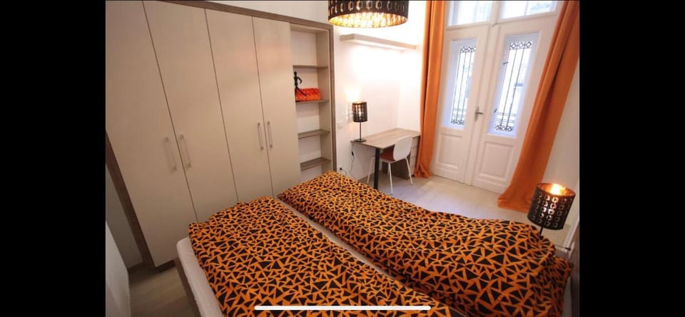 Bed, wardrobe