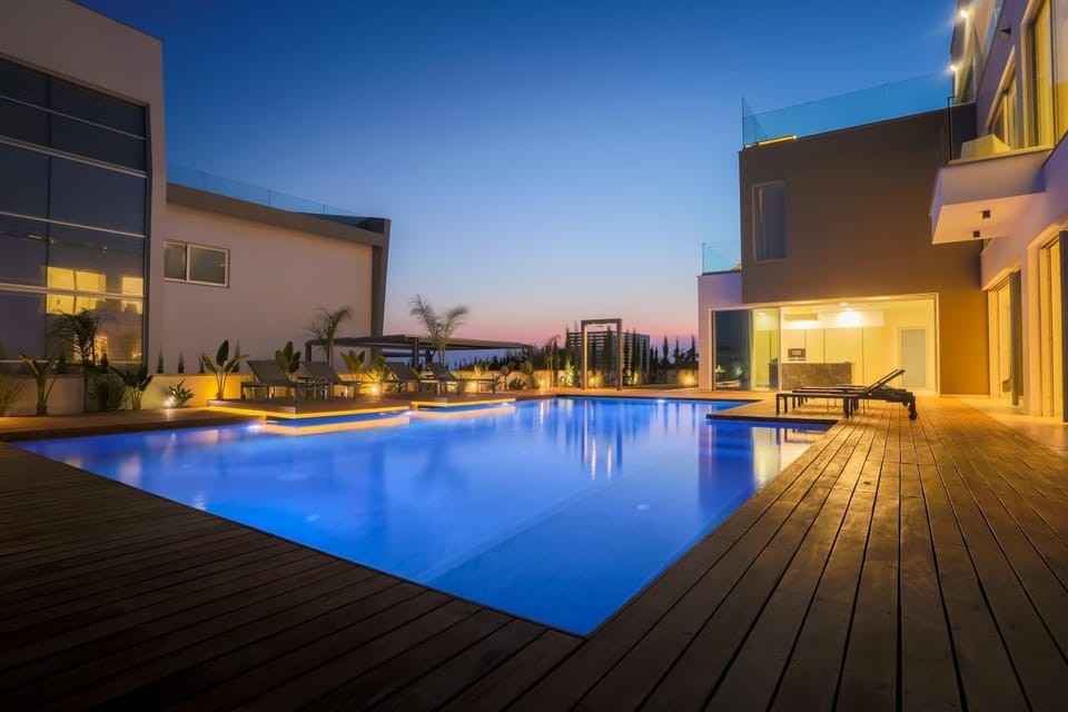 Property building, Night, Garden, Pool view, Swimming pool