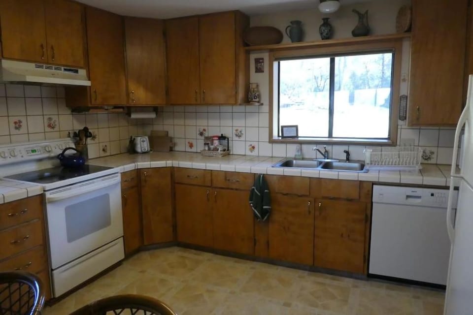 Kitchen or kitchenette, dishwasher, stove, toaster
