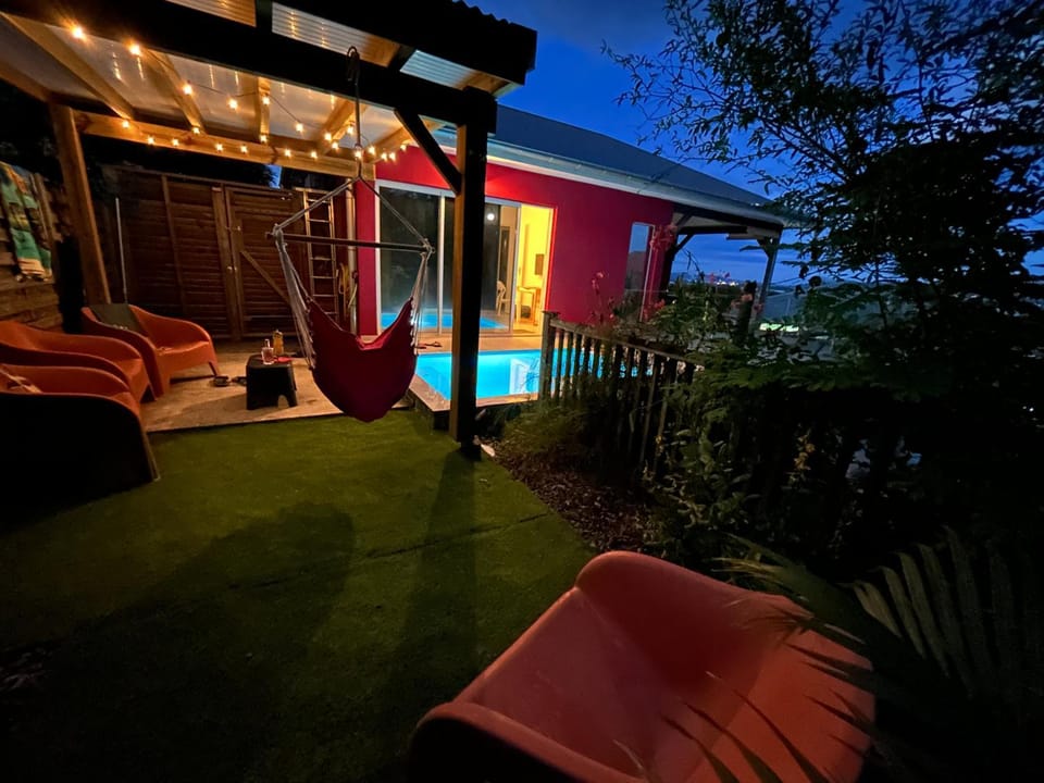 Property building, Patio, Night, Natural landscape, Garden, View (from property/room), Balcony/Terrace, Garden view, Pool view, Swimming pool