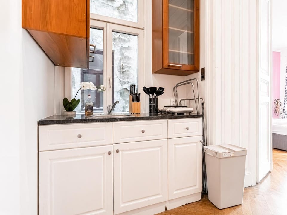 Kitchen or kitchenette, stove