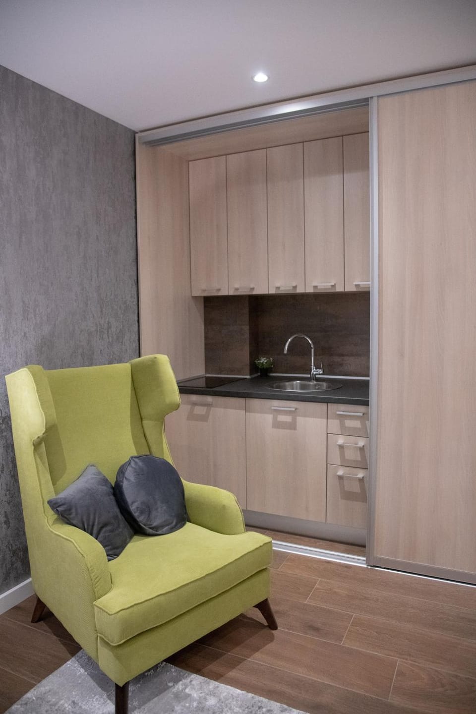 Kitchen or kitchenette, minibar, stove, wardrobe