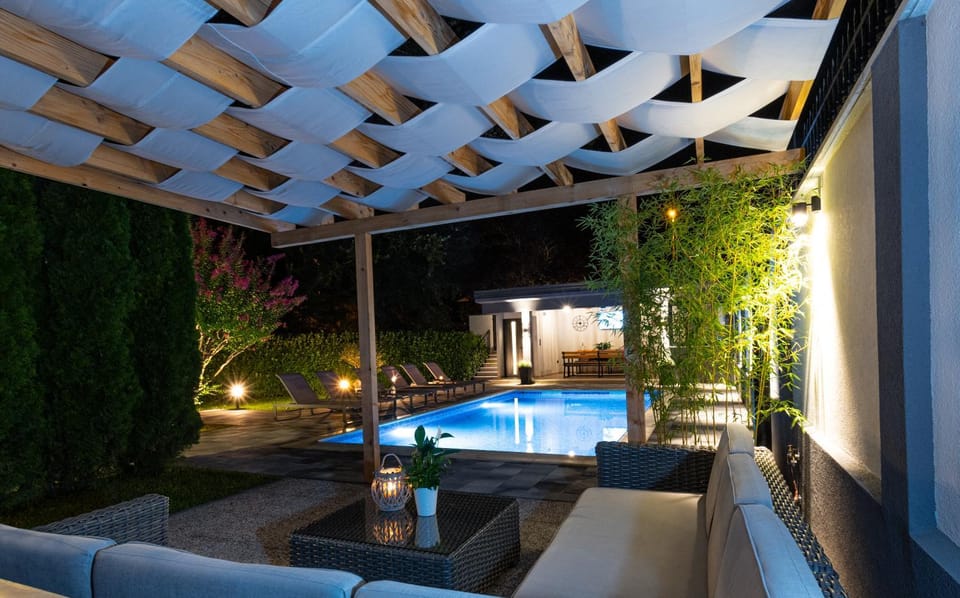 Patio, Night, Evening entertainment, Pool view, Swimming pool, sunbed