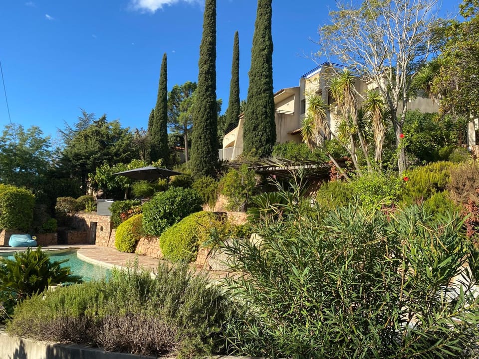 Property building, Spring, Day, Natural landscape, Garden, Garden view, Pool view, Swimming pool