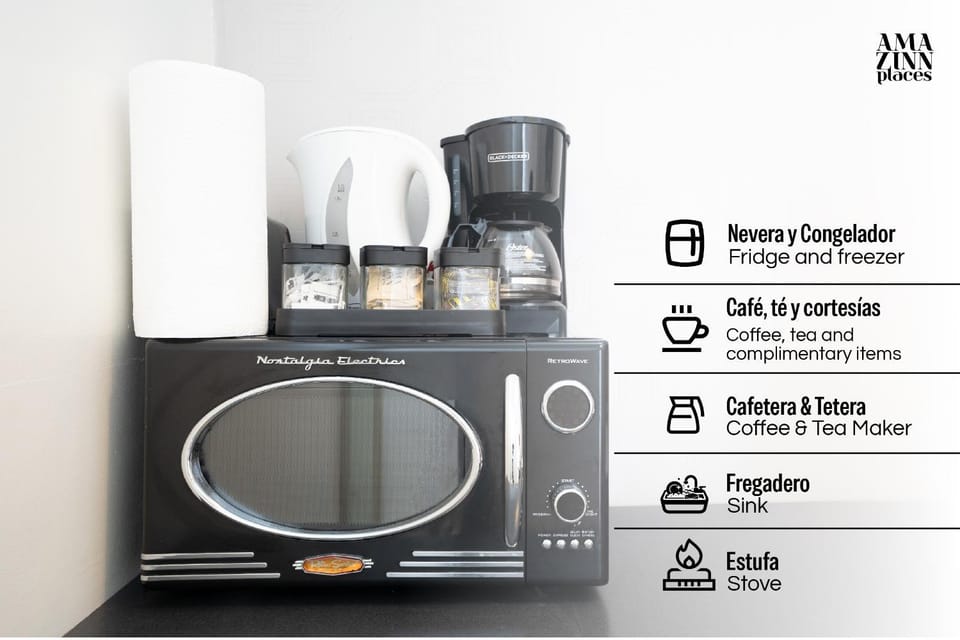 Coffee/tea facilities, Kitchen or kitchenette, Text overlay