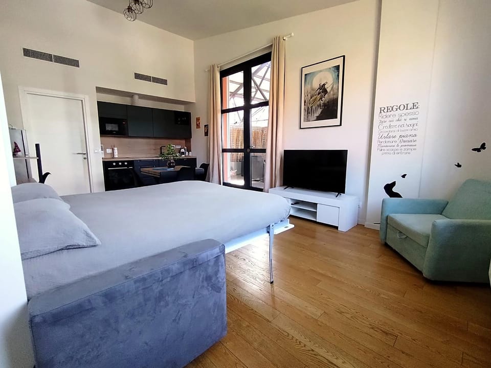 Communal lounge/ TV room, Bed, TV and multimedia, Kitchen or kitchenette, Living room, Decorative detail, Seating area, Evening entertainment, Bedroom, furniture, heating, air conditioner