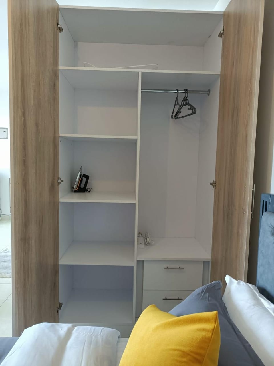 Bed, wardrobe