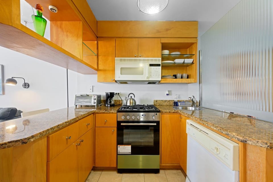 Kitchen or kitchenette, dishwasher, stove