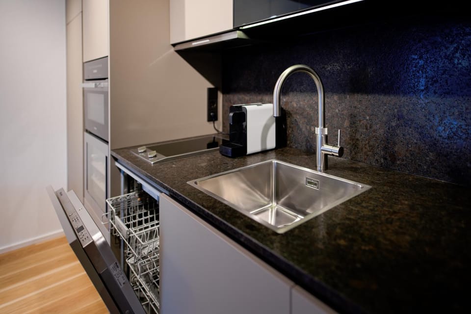 Kitchen or kitchenette, dishwasher, stove