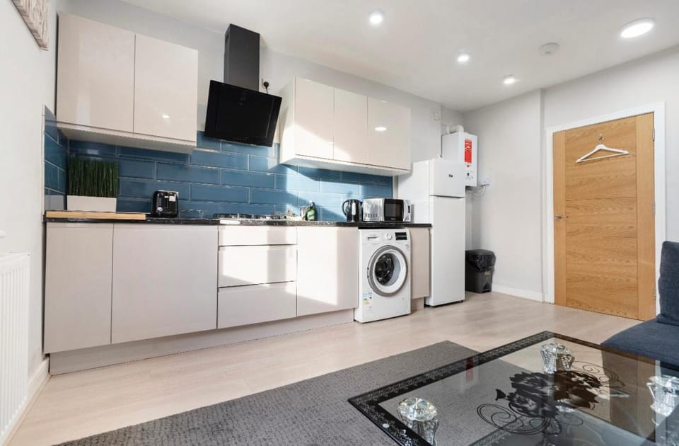 Kitchen or kitchenette, stove, toaster, washing machine
