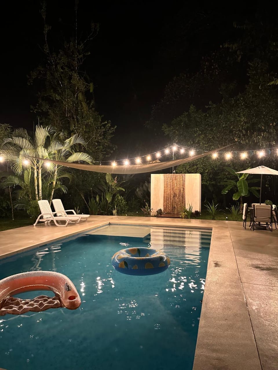 Patio, Night, Natural landscape, Pool view, Swimming pool, sunbed