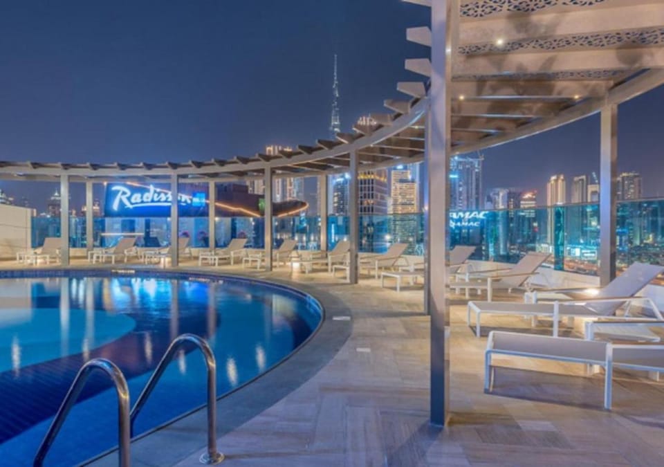 Night, Pool view, Swimming pool