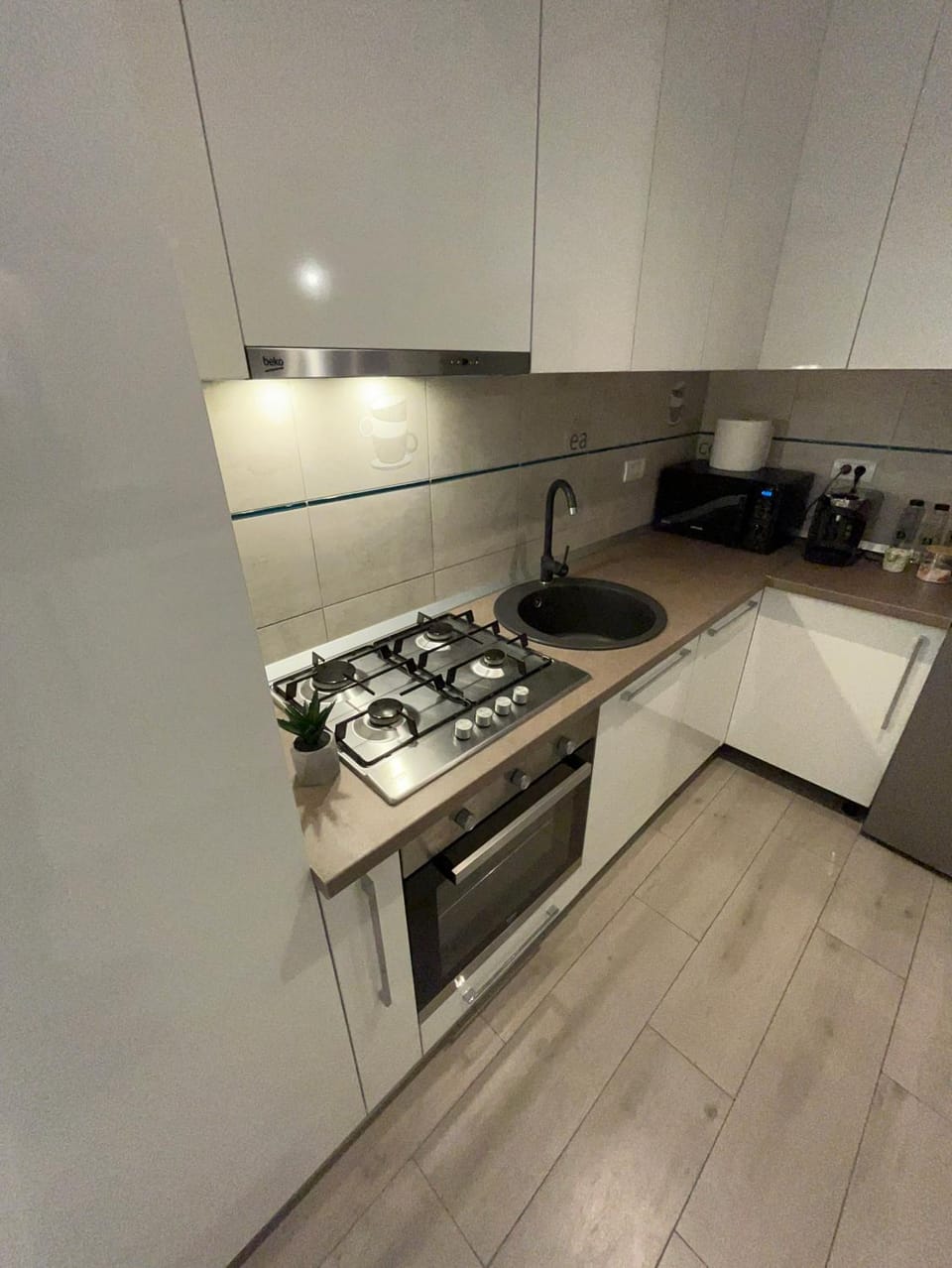 Kitchen or kitchenette, dishwasher, stove