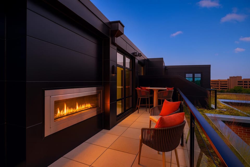 Patio, Night, Seating area, fireplace