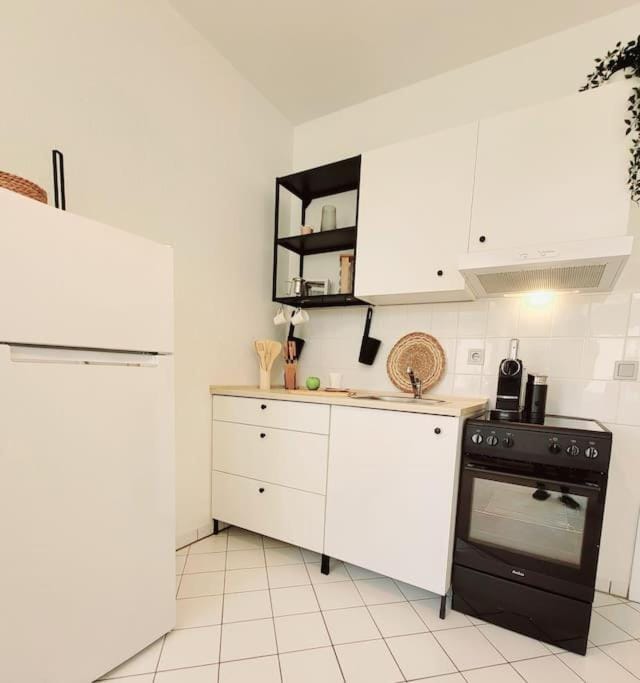 Kitchen or kitchenette, stove