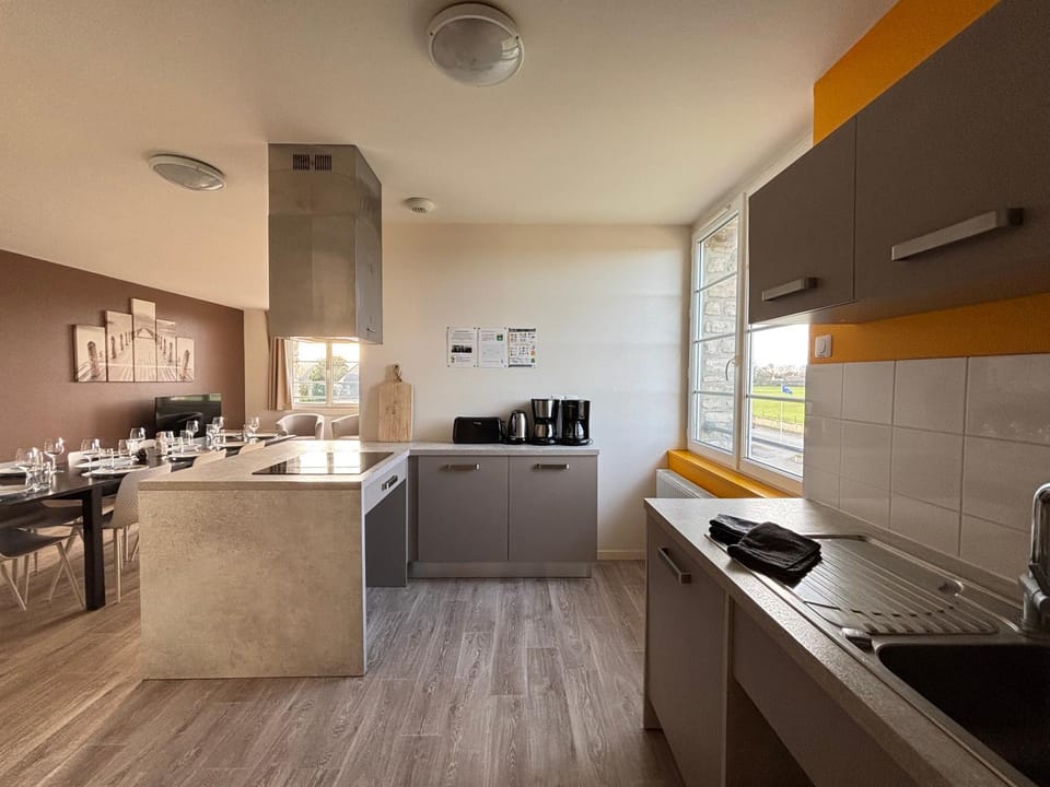 Kitchen or kitchenette, dishwasher, stove