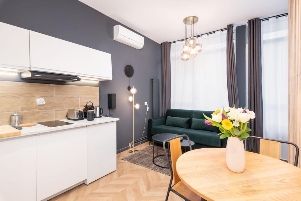 Kitchen or kitchenette, Living room, Seating area, Dining area, stove, air conditioner