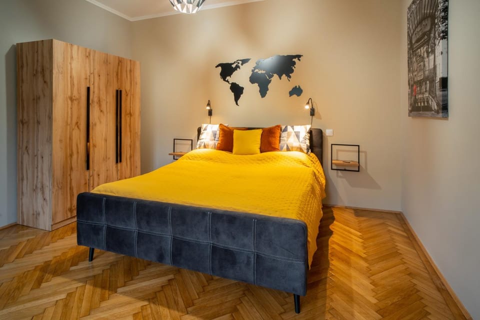 Bed, wardrobe