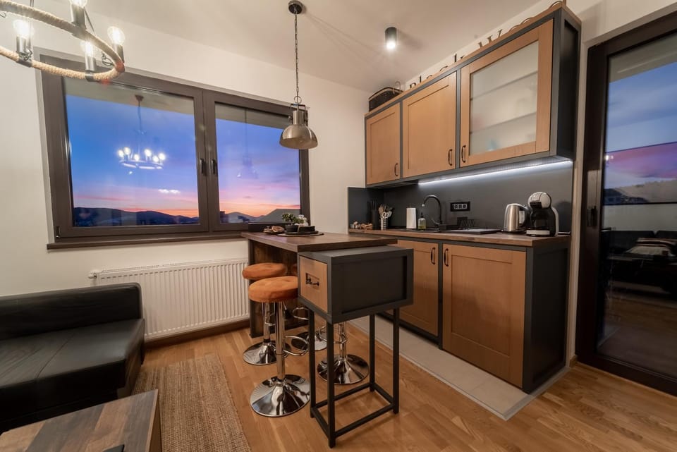 Natural landscape, Coffee/tea facilities, Kitchen or kitchenette, Dining area, City view, Mountain view, Mountain view, pet friendly, stove, kitchen, kitchen