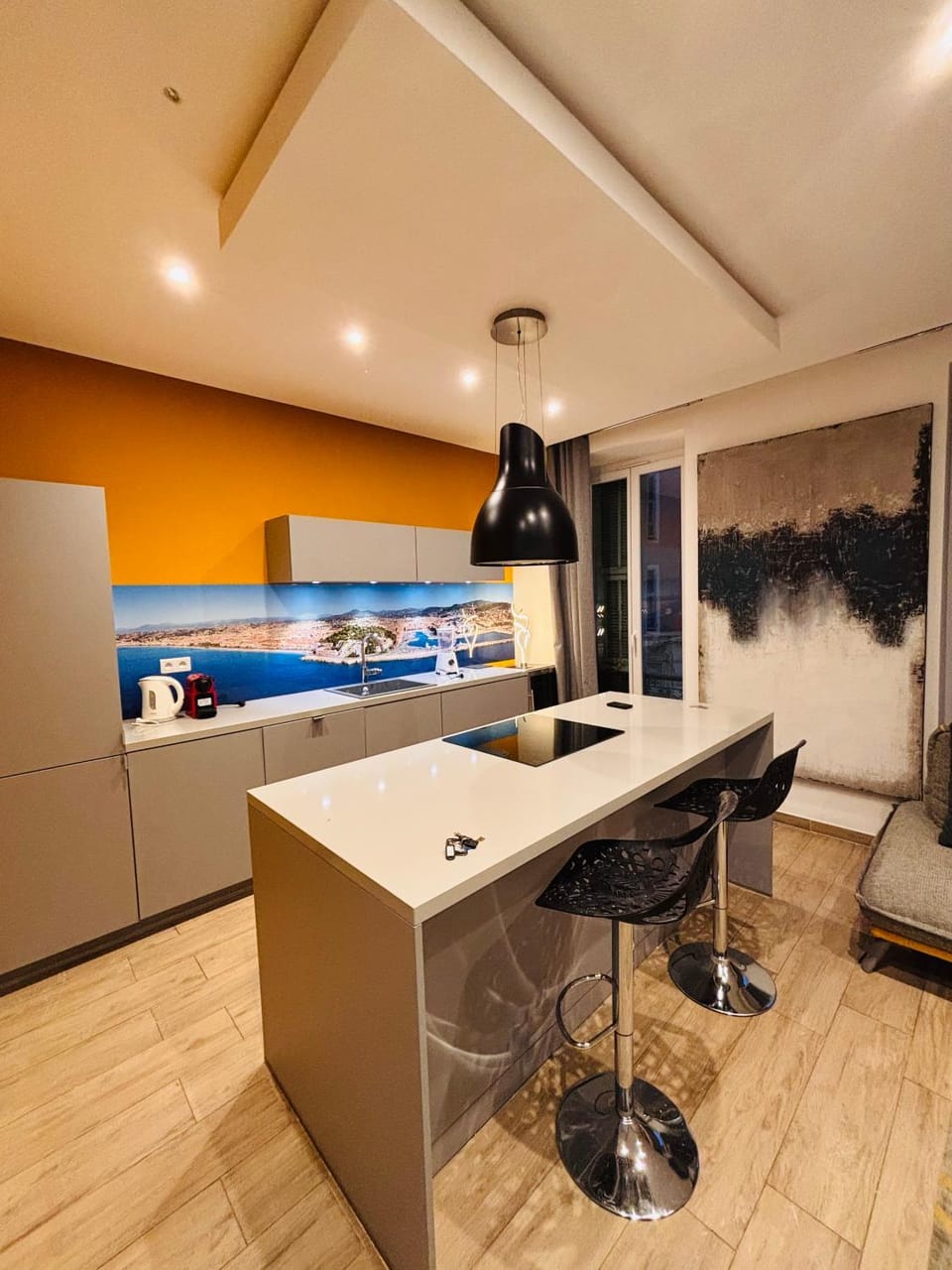 Kitchen or kitchenette, Living room, Dining area, oven, stove