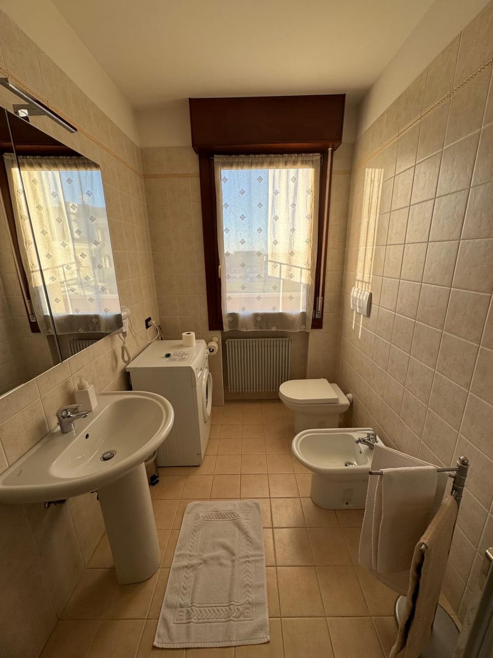 Toilet, Bathroom, bidet, hair dryier, towels, washing machine