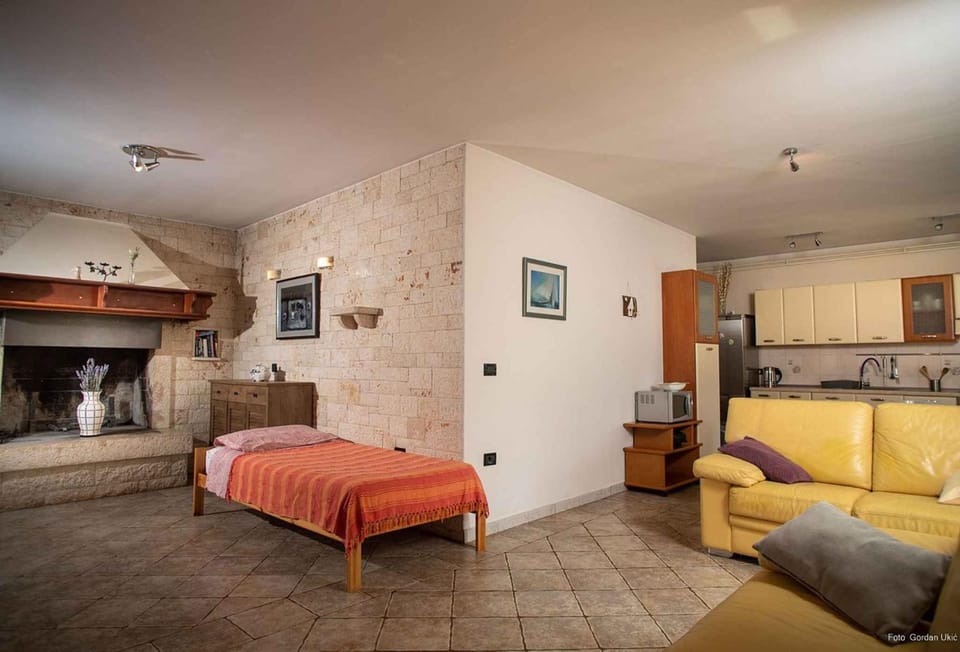 Bed, Kitchen or kitchenette, Living room, Seating area, fireplace
