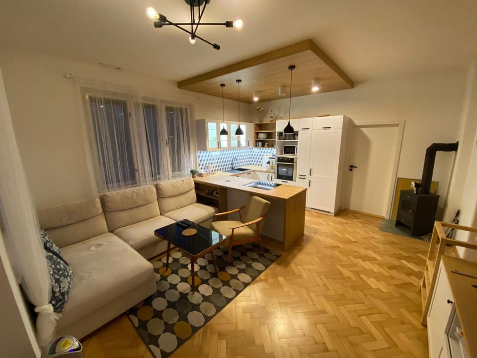 Kitchen or kitchenette, Living room, Seating area, minibar, pet friendly