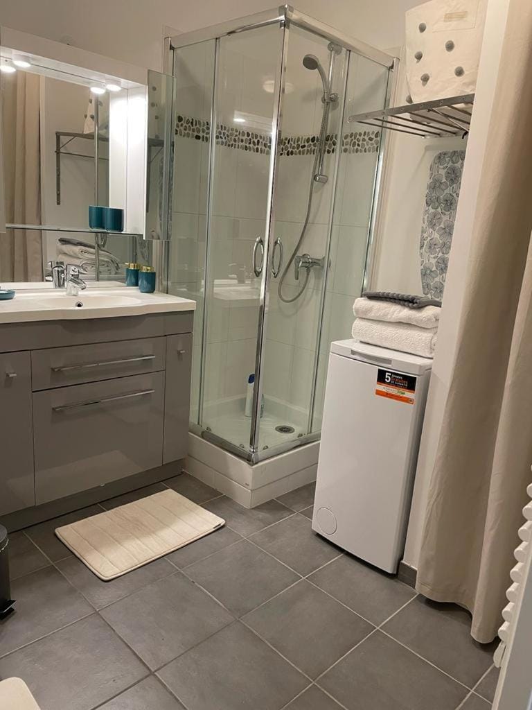 Shower, towels, washing machine