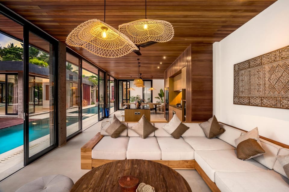 Living room, Seating area, Pool view