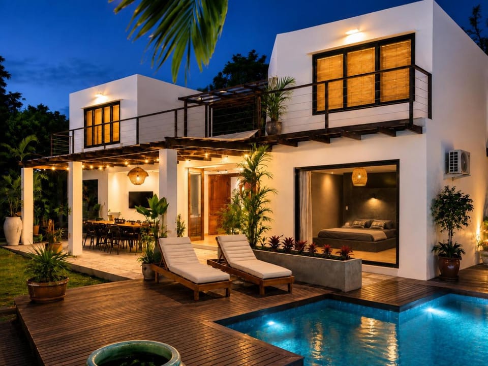 Property building, Patio, Night, Garden, Living room, Garden view, Pool view, Swimming pool, sunbed