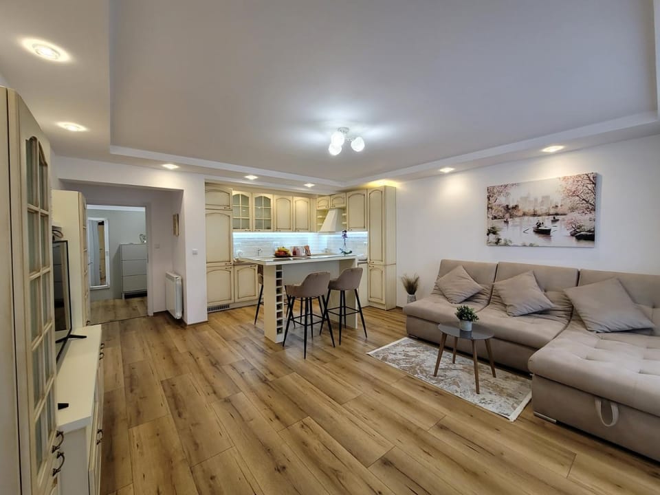 Kitchen or kitchenette, Living room, Seating area, Dining area