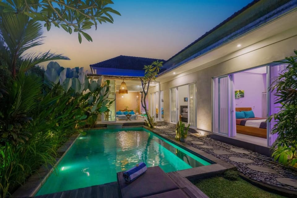 Property building, Night, Garden, Swimming pool, sunbed