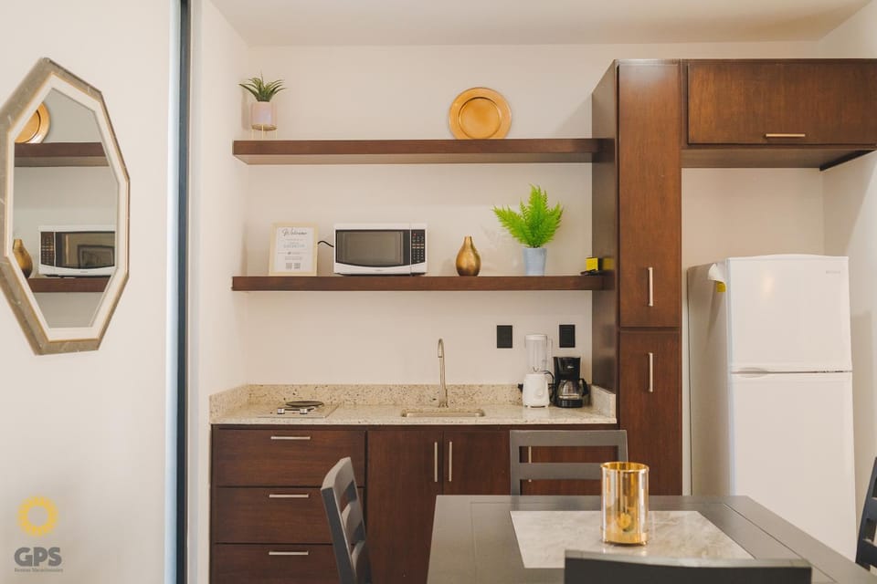 Kitchen or kitchenette, minibar, stove