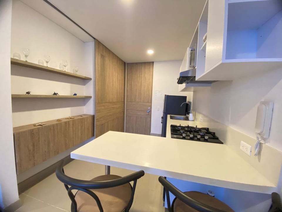 Kitchen or kitchenette, stove