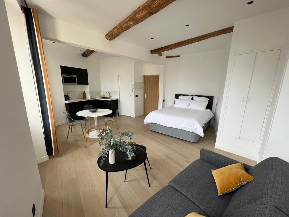 Bed, Kitchen or kitchenette, Living room, Photo of the whole room, Bedroom