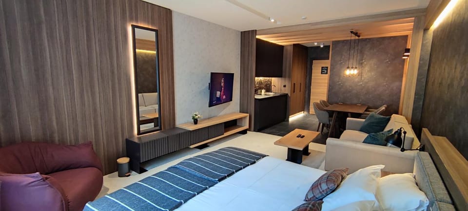 Bed, TV and multimedia, Living room, Seating area, Bedroom