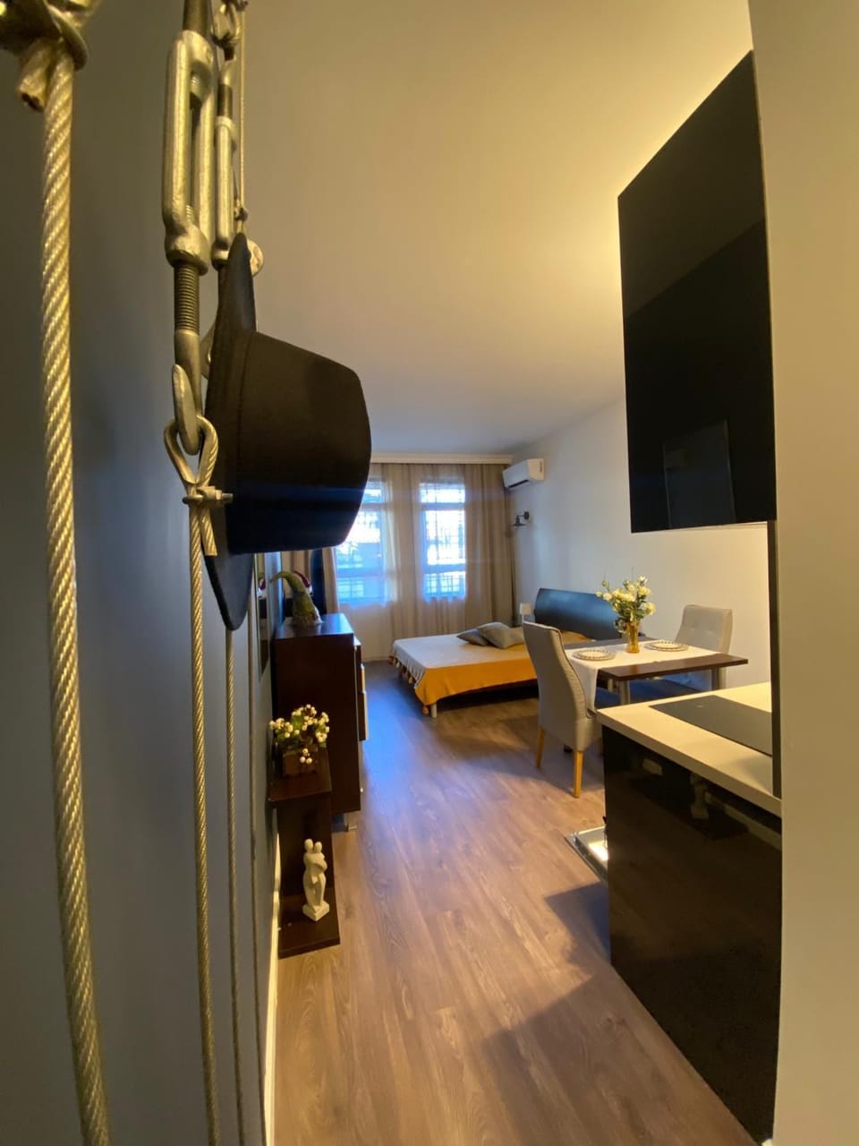 Bed, Living room, Seating area, Bedroom