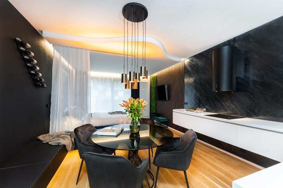 TV and multimedia, Kitchen or kitchenette, Living room, Photo of the whole room, Seating area, Dining area, Bedroom