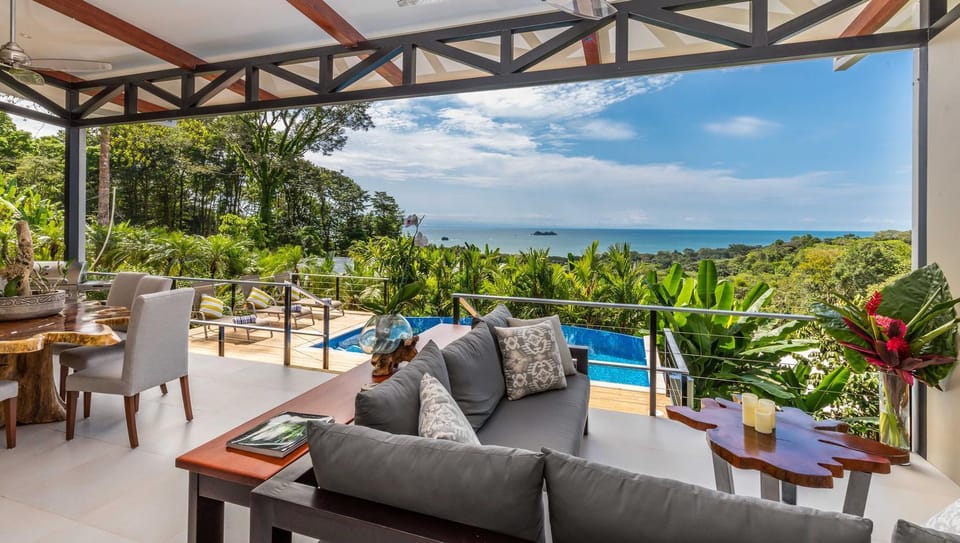 Patio, Day, Natural landscape, View (from property/room), Balcony/Terrace, Living room, Seating area, Pool view, Sea view, Swimming pool, sunbed