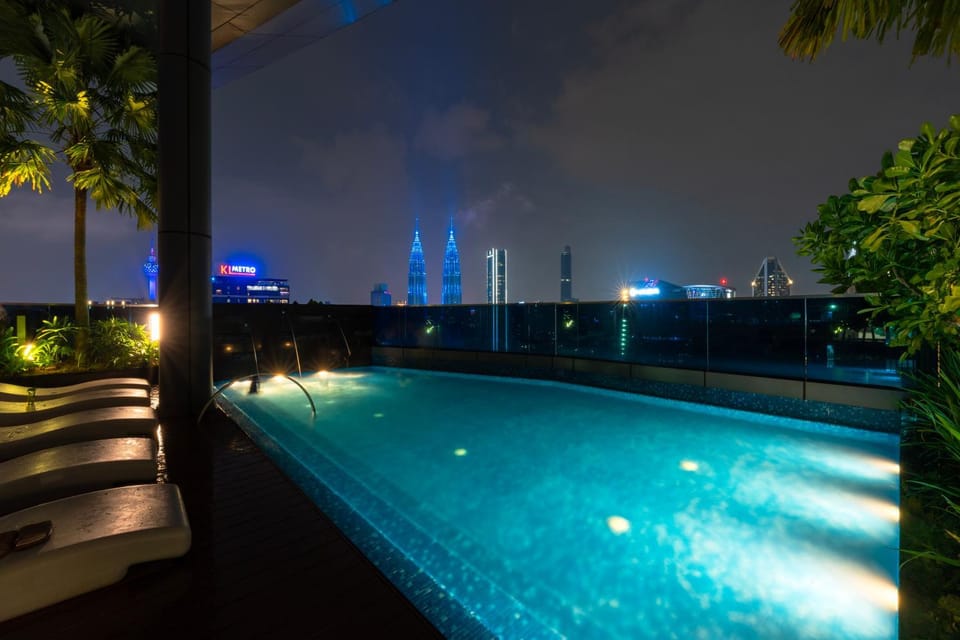 Night, City view, Pool view, Swimming pool