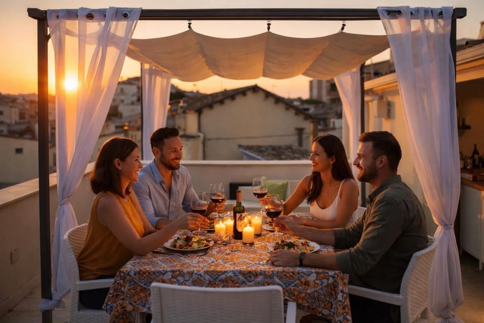 Patio, People, Summer, Food and drinks, Dining area, Evening entertainment, Food, Guests, Entertainment, Lunch, Dinner, Drinks, Alcoholic drinks, Sunset, group of guests