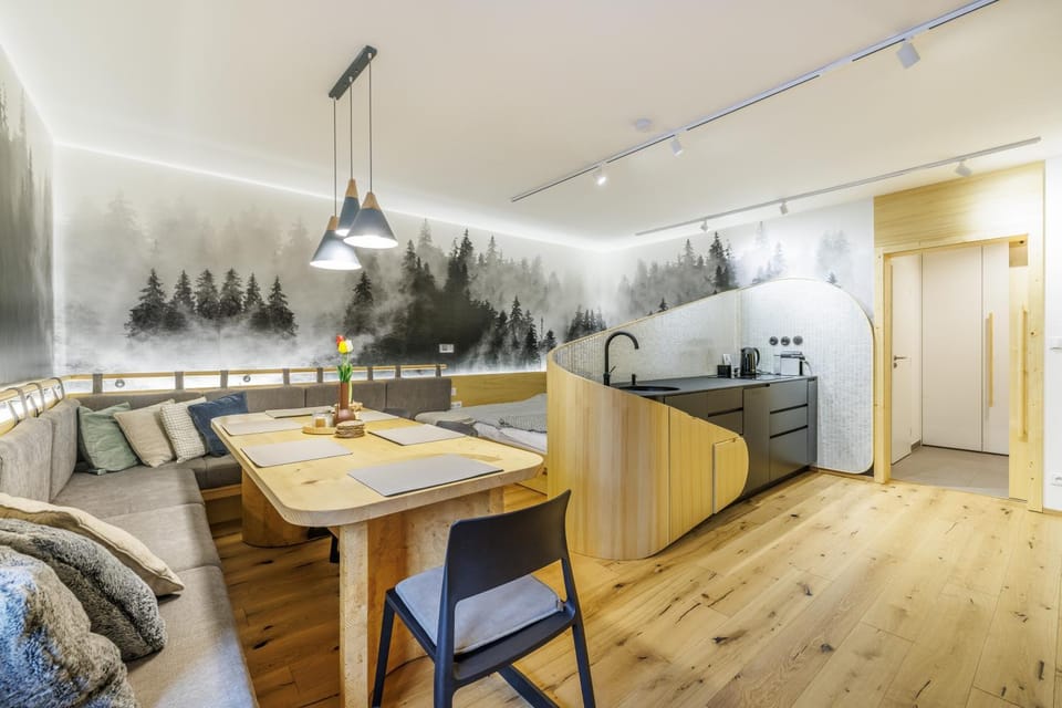 Kitchen or kitchenette, Seating area, Dining area, Bedroom, stove