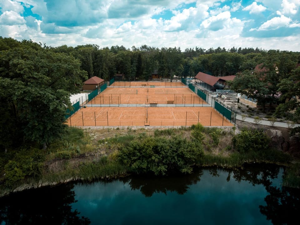 Day, Natural landscape, Bird's eye view, Tennis court, River view