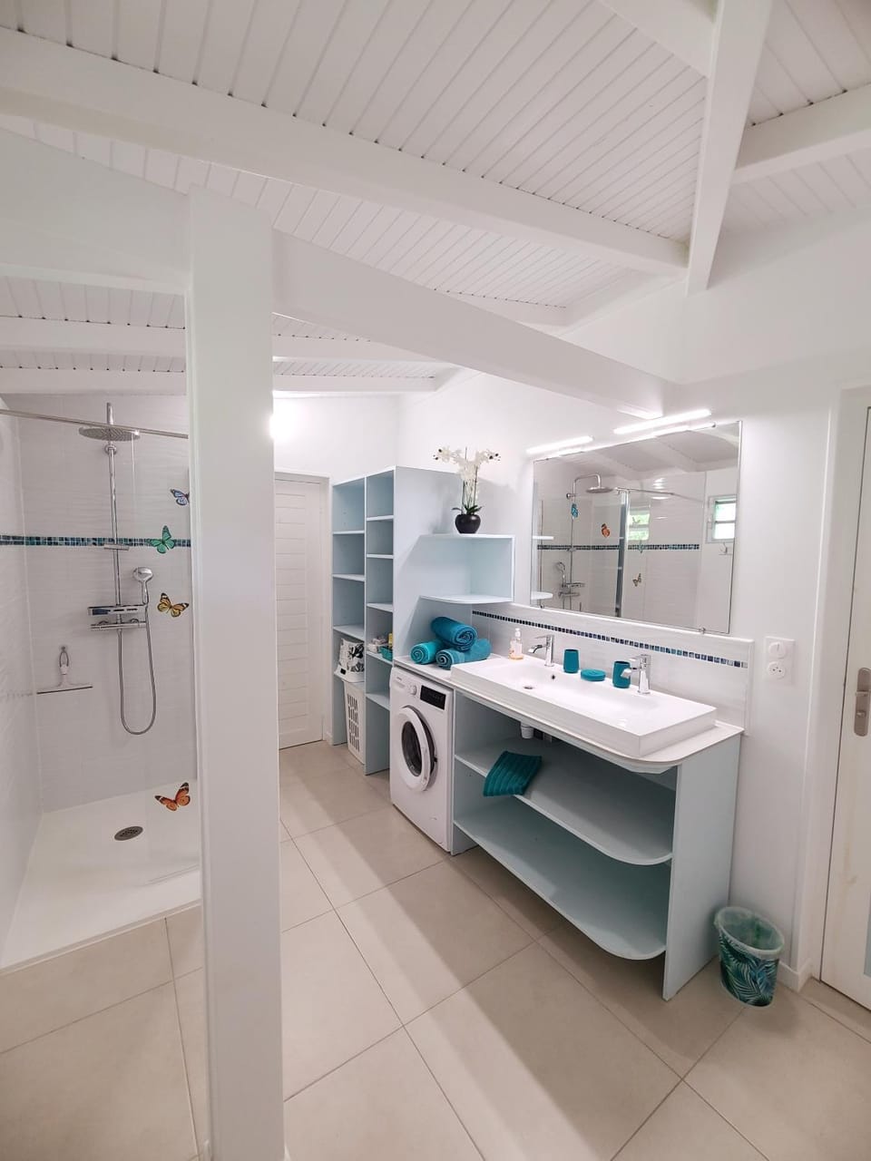 Shower, Bathroom, storage, towels, washing machine