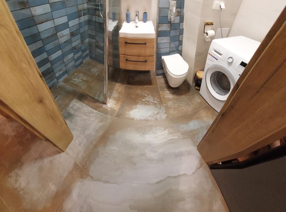Shower, Toilet, Bathroom, towels, washing machine, dryer