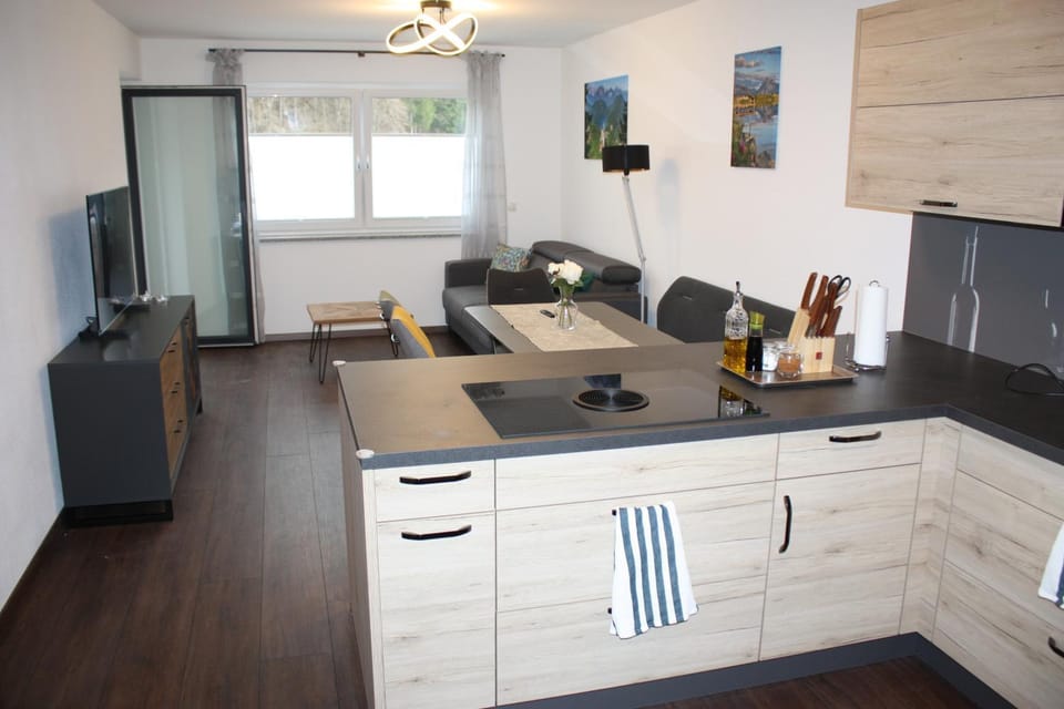 Kitchen or kitchenette, Living room, Dining area, stove