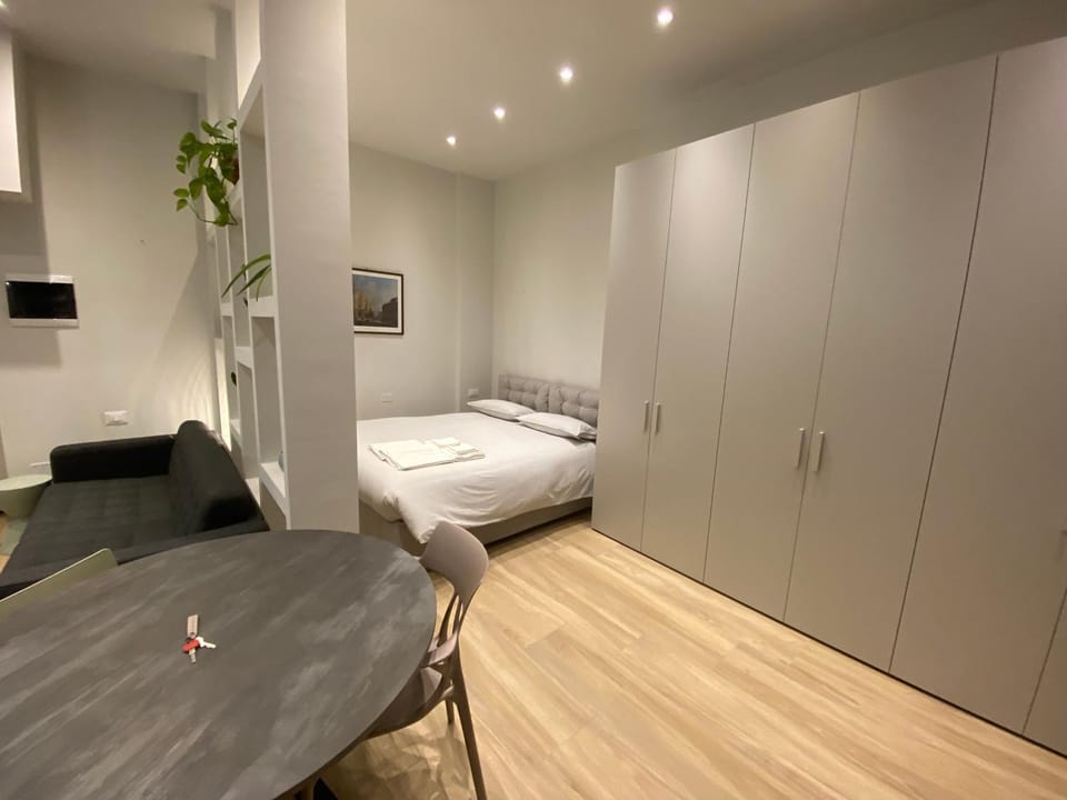Bed, wardrobe