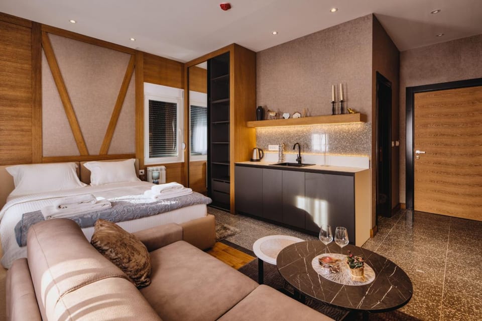 Kitchen or kitchenette, Living room, Seating area, Bedroom